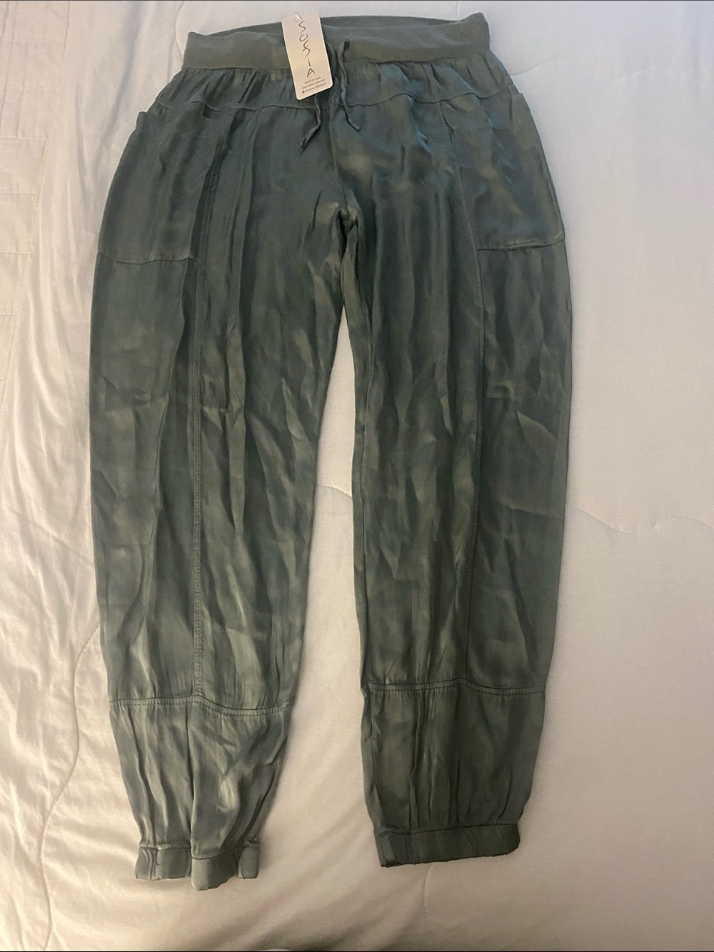 Ladies Sofia Made in Italy Relaxed Silk Olive Green Drawstring Joggers